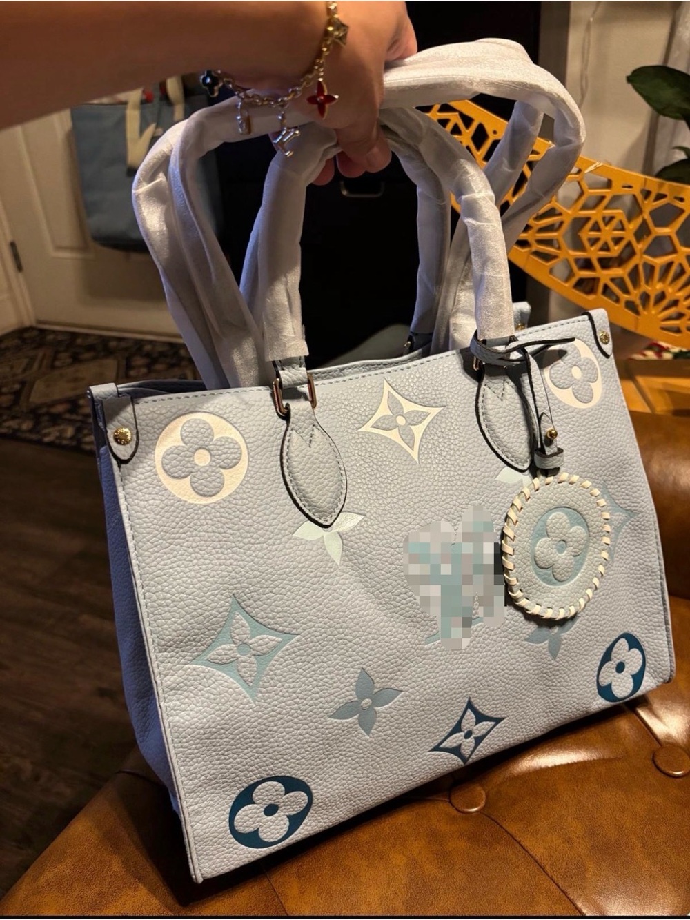 Designer-Inspired Light Blue Tote Bag with Monogram Accents